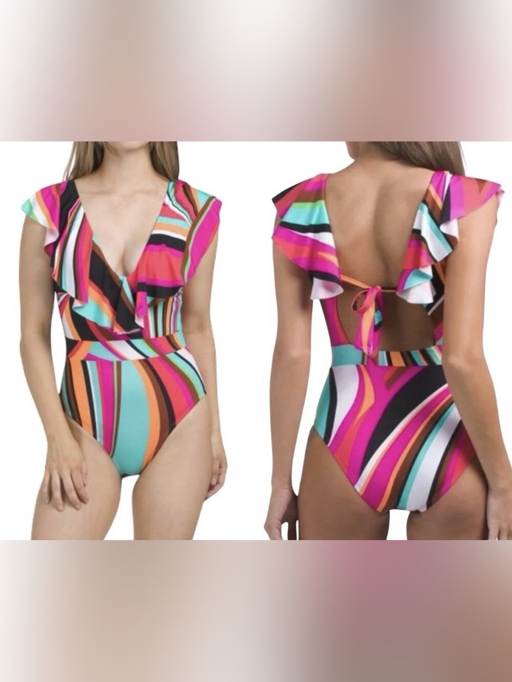 NEW Trina Turk Ruffle Flutter Sleeve Plunge One Piece Swimsuit Colorful Size 10